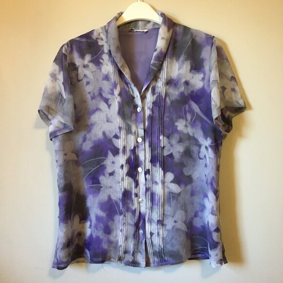 Vintage Y2K Chiffon Floral Watercolour Short Sleeve Button Up Pintuck Shirt - Picture 1 of 16